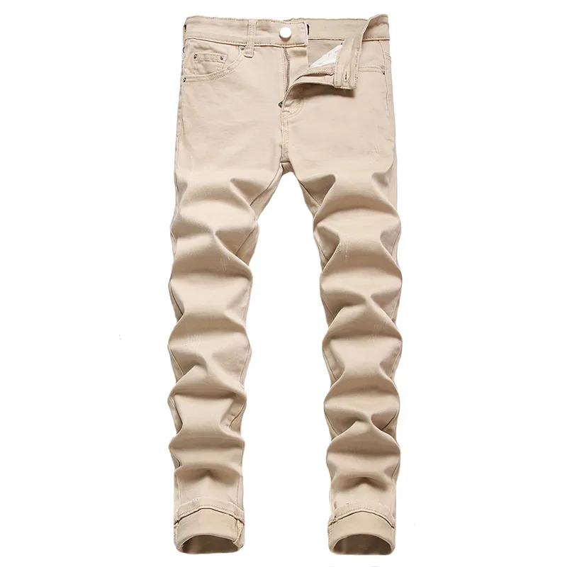Design Simples Slim Fit Calças Masculinas Khaki Casual Stretch Jeans Riscos Mão All-Match Calças Pantalones de Hombre