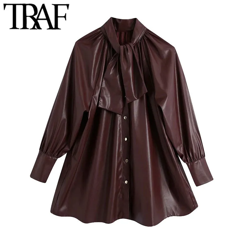 Traf Women Fashion with Bow Faux Leather Bluses Vintage High Neck Long Sleeve Kvinnliga skjortor Blusa Chic Tops 210415