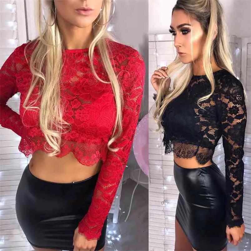 OMSJ Moda Donna Manica lunga Pizzo Crop Crochet Top corto Camicetta Basic Ladies Rosso Abbigliamento femminile camicette Blusas 210517