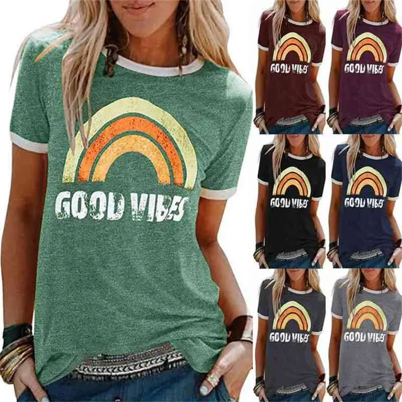Kobiety Good Vibes Rainbow Krótki Rękaw Streetwear Graphics Top Eesthetic Tee Slogan Crew Neck Hipster Casual Summer Soft T-shirt 210623