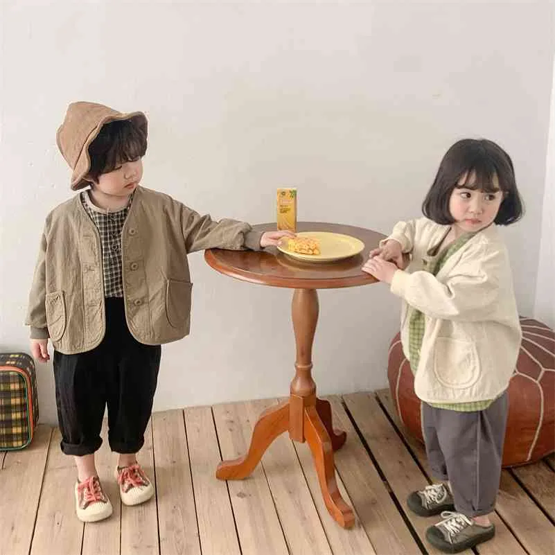 Koreansk stil casual solid färg långärmad cardigan pojkar och tjejer lösa jackor barnkläder 210708