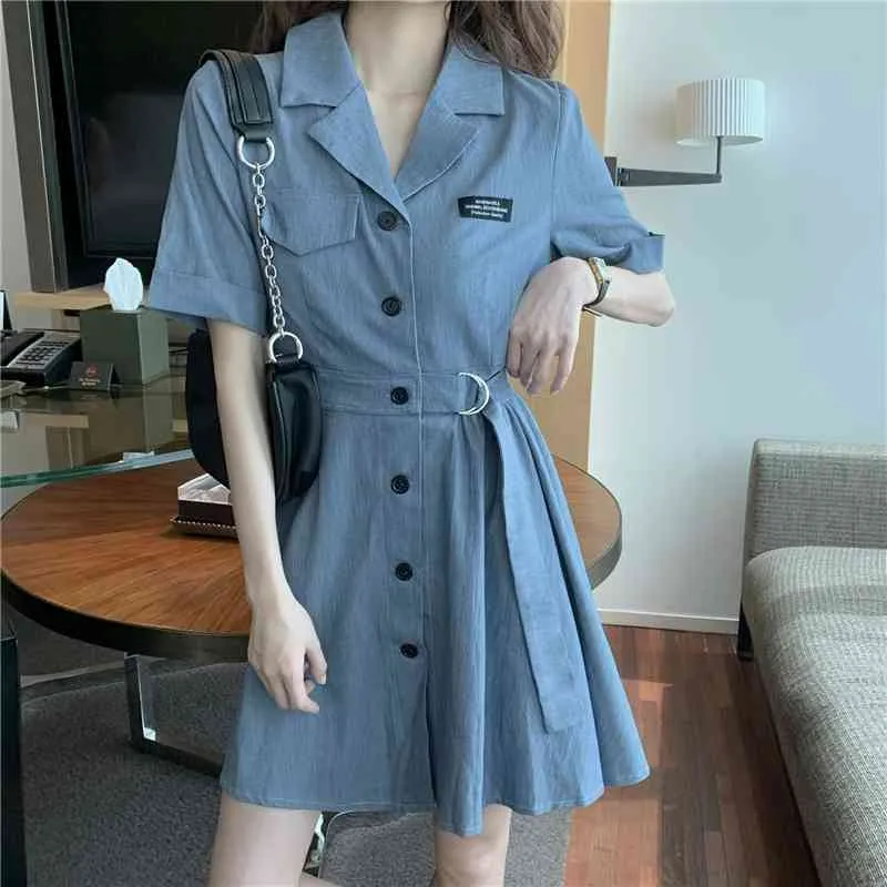 Summer Korean Women's Dress Short-sleeved Suit Collar Dresses Slim Temperament Waist Slimming Fashion Pleated Skirt 210515