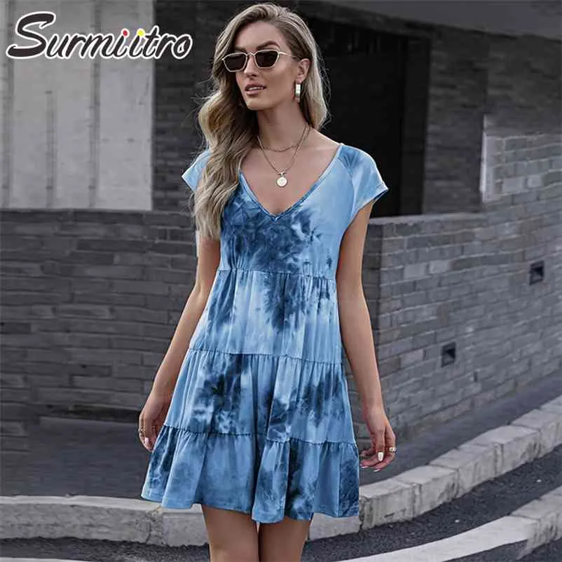 Le donne si vestono per l'anno Summer Fashion Tie Dye con scollo a V Tunica Sundress Beach Party Sun Mini Female 210421