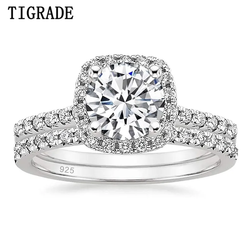 1.25CT 925 Sterling Silver Anneaux de mariée Ensembles Zircone Cubique Halo CZ Engagements Bandes de mariage pour les femmes Promesse 211217