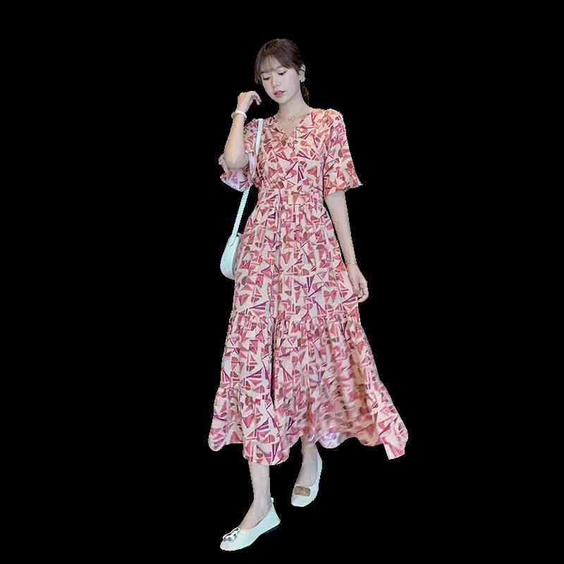 Женское лето напечатано шифон длинная юбка V-образным вырезом лотос листьев рукава платье женское высокая талия Slim 210514