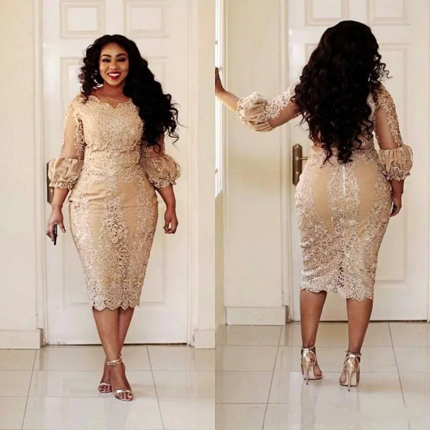 Vestidos curtos para mãe da noiva com renda champanhe plus size 2019 comprimento chá 3/4 manga longa bainha vestidos para mãe do noivo M02