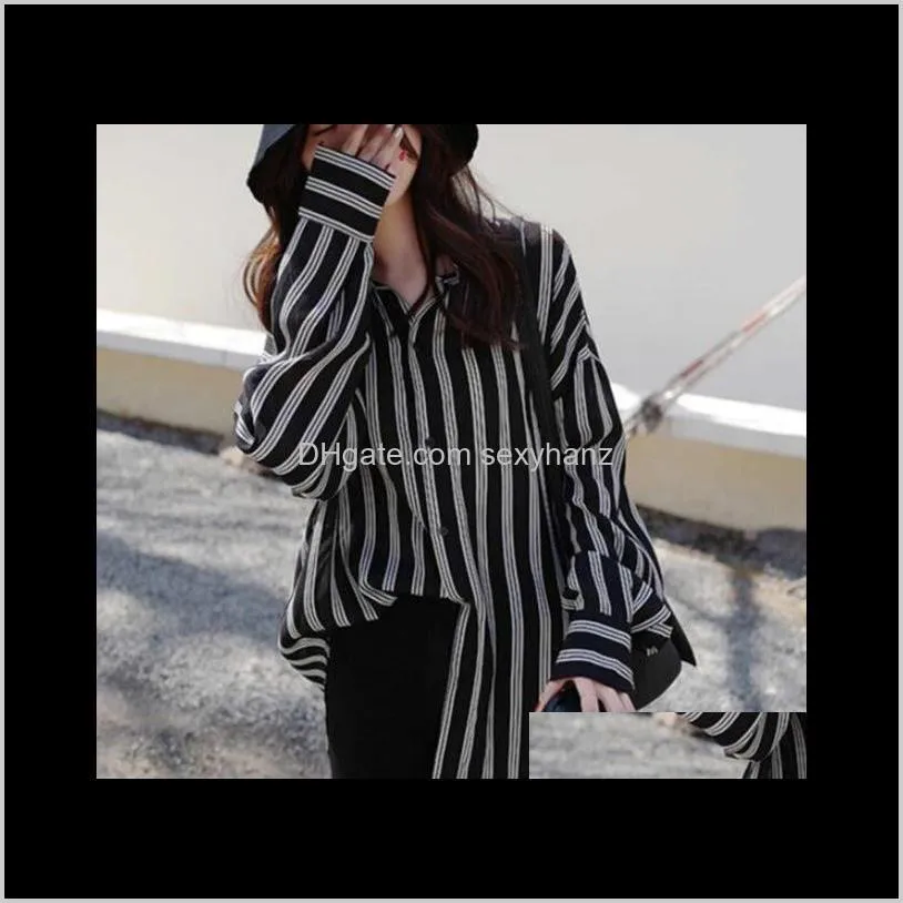 women stripe long sleeve blouse button down lapel collar tops office work shirts1