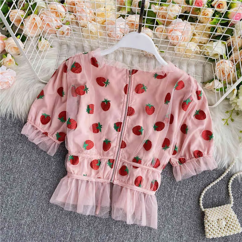 Pink Strawberry Mesh V-Neck cut blouse with Puff Sleeves