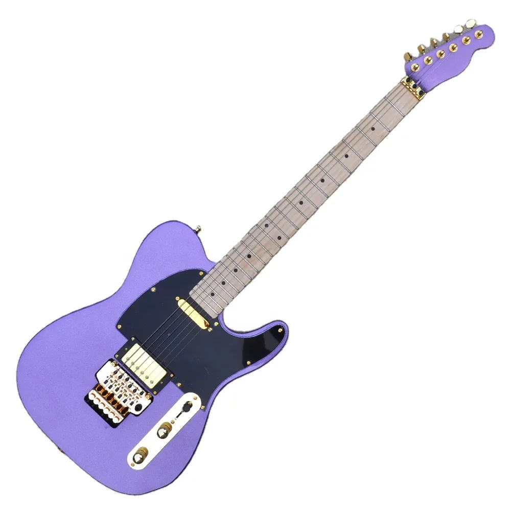 Chitarra elettrica con corpo viola metallico personalizzato in fabbrica con hardware dorato, manico in acero, fornire servizi personalizzati