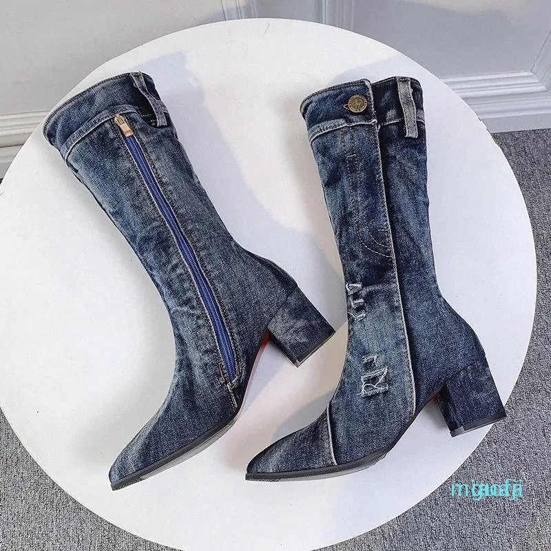 Bottes de jean sexy bottes de veau pour femmes zipper high talon femme élégant jeans bottes dames denim boot chaussures femelles cowboy