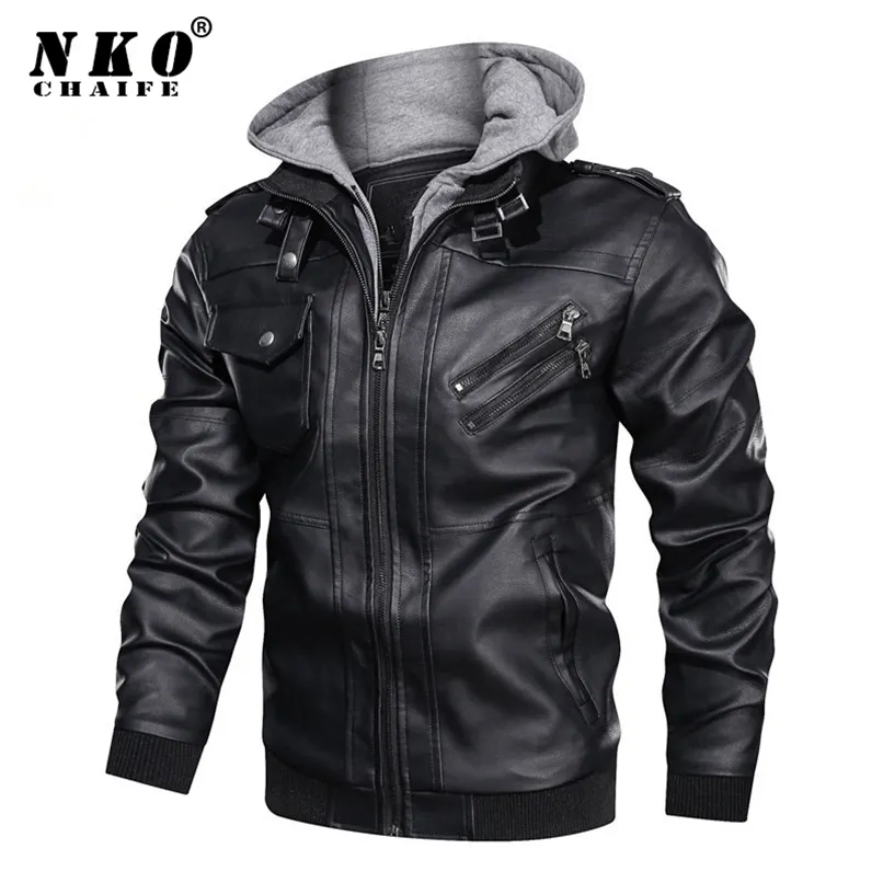 CHAIFENKO Hommes Marque Hiver En Cuir Veste Manteau De Mode À Capuche Moto PU Casual Biker Faux s 211124