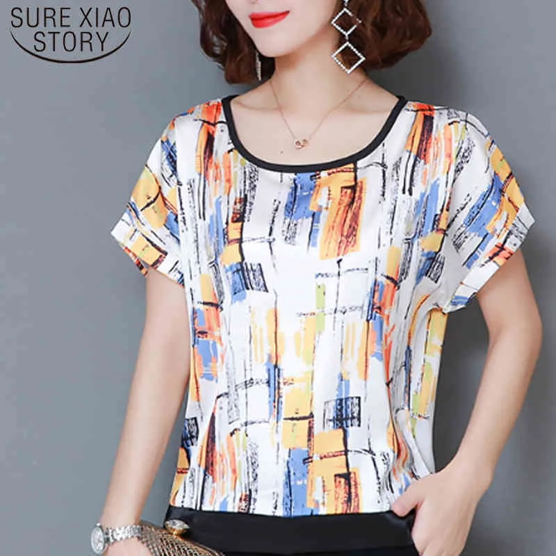 summer clothing short sleeve silk chiffon Blouse women tops and fashion o-collar print plus size 4545 50 210417
