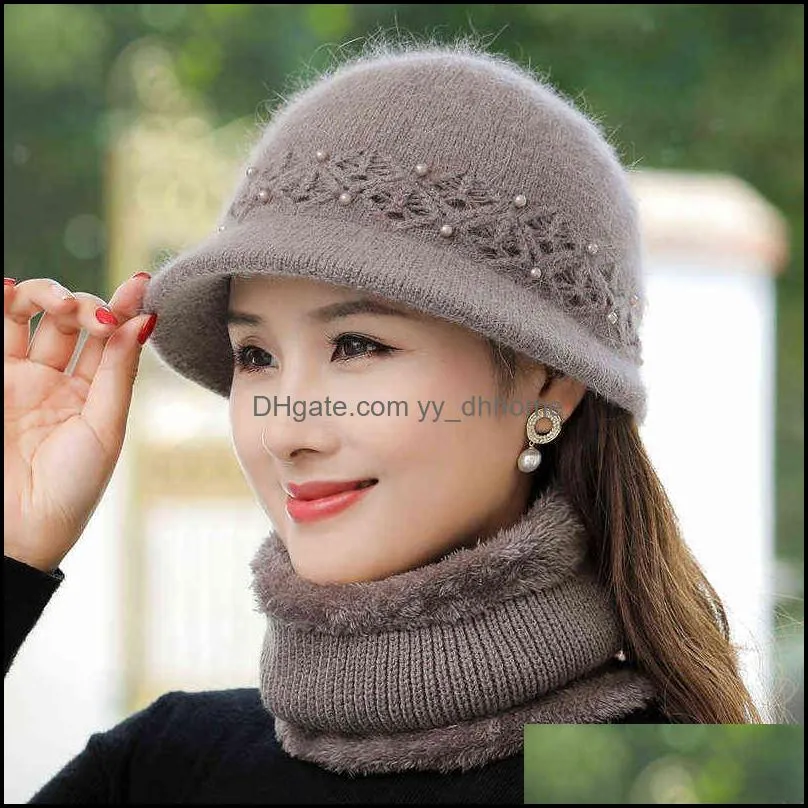 Women Winter Hat Keep Warm Cap Hat & Scarf Set Fashion Hats For Women Casual Rabbit Fur Outdoor Knitted Bucket Hat 211228