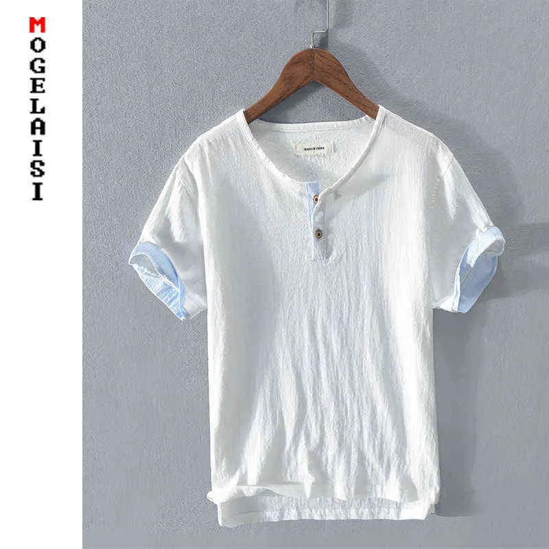 Ny vit T-shirt Men Linen Bomull Kortärmad Andningsskydd Toppar För Man Solid Kläder Hög kvalitet Tshirt RC127 G1229