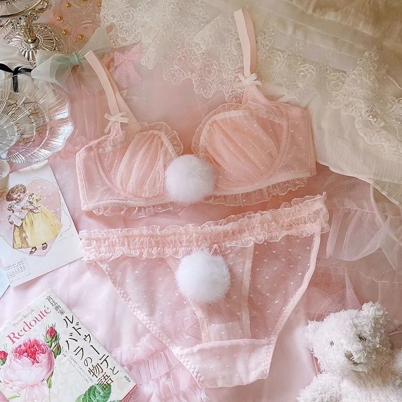 Lingerie Hot Style Cute Pink Transparent Brief Set Lace Underwear