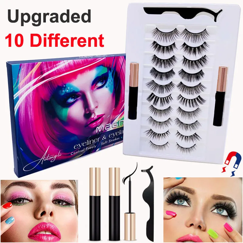 Magnetiska ögonfransar med eyeliner kit 10 par olika 3d 5d naturliga look återanvändbara falska ögonfransar flytande eyeliner och pincett inget lim behövs