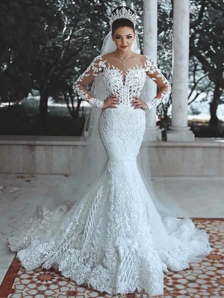 2022 весенние кружева русалка свадебное платье иллюзия лифа VestiDo de Noiva с длинным рукавом шеи с длинным рукавом шеи аппликации невесты платья арабский Дубай белые формальные свадебные платья
