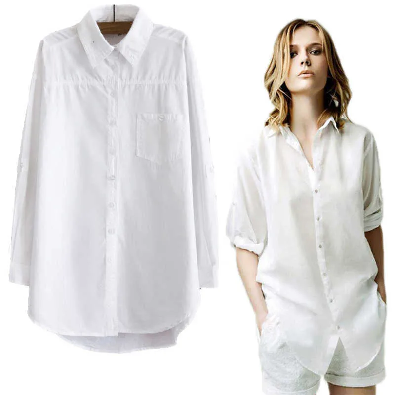 Camisa de algodão branco mulheres primavera outono vintage senhoras longas tops manga casual colarinho colarinho bolsos feminino frouxo bluses 210526