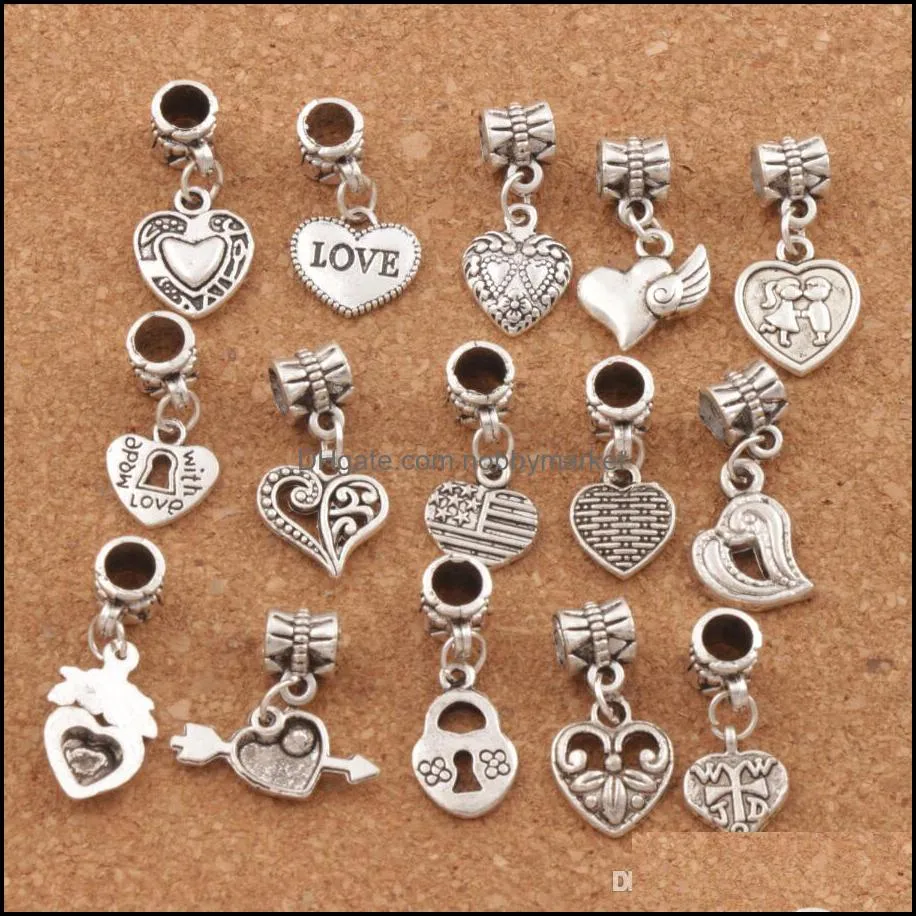 Antiqued Silver Assorted Heart Dangles Alloy Loose Beads Fit European Charm Bracelet Jewelry DIY Metal BM6 150pcs/lot