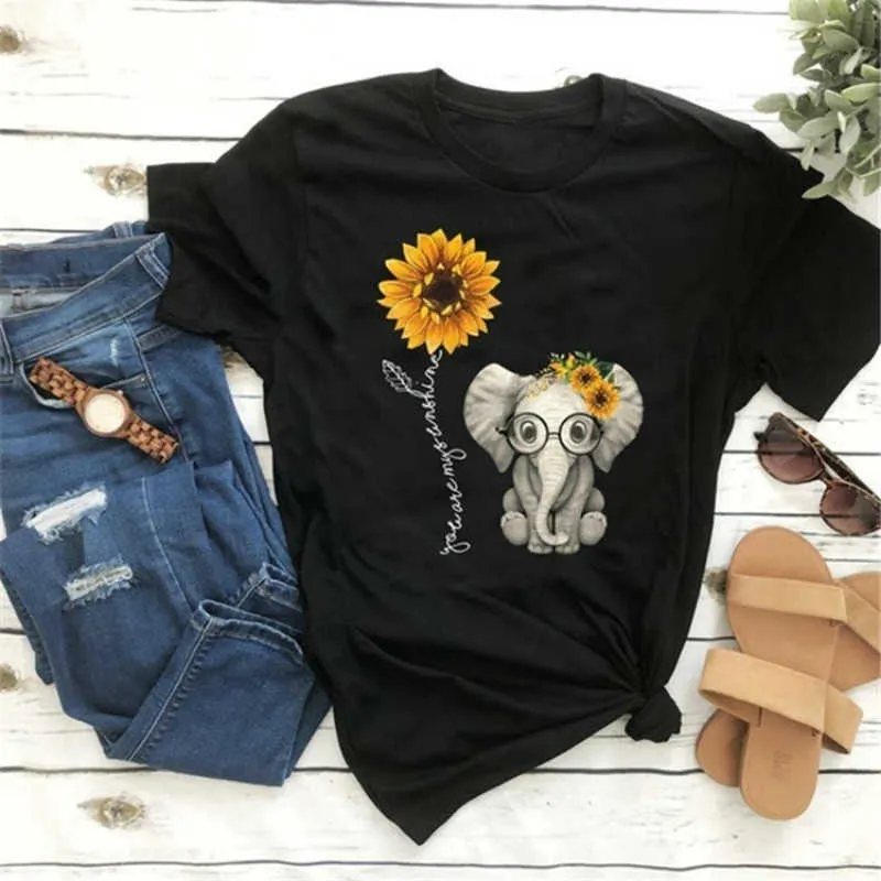 2020 elefant sonnenblumen druck t-shirt frauen beiläufige kurzarm o neck t tops für weibliche cartoon nette t-shirts femme kleidung x0628