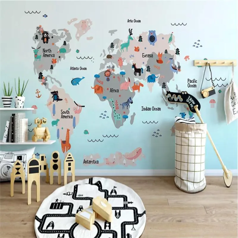 Tapety Custom Cartoon World Animal Map Children Pokój Tło Mural Tapeta 3D Blue Wall Paper Home Decor Paper dla dzieci