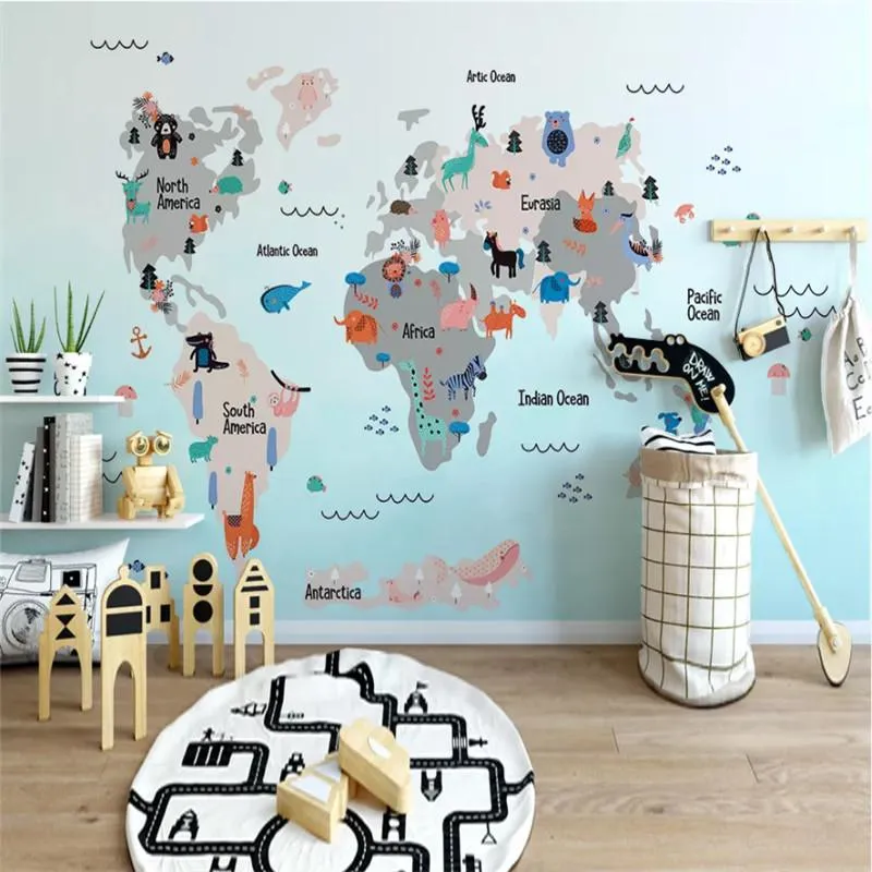 Fonds d'écran personnalisé dessin animé monde animal carte enfants chambre fond mural papier peint 3D bleu papiers peints décor à la maison papier pour enfants