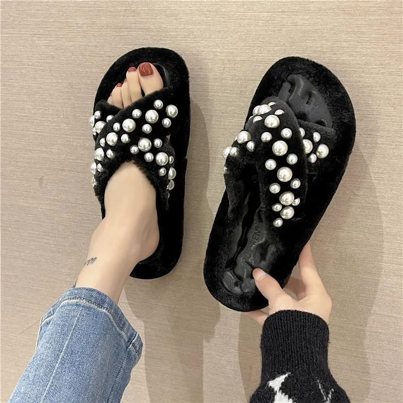 Slippers Shoes Low Plush For Adults Slides String Bead Fashion Fur Massage Luxury Soft Flat Rome Basic Concise With Cotton F