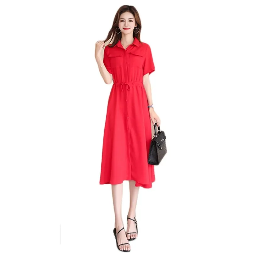 Robe d'été femmes rouge noir M-5XL grande taille mode coréenne tempérament ceinture poches chemise en mousseline de soie feminina LR833 210531