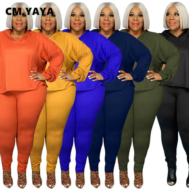 CM.Yaya Active Wmweit Plus Size XL-5XL Zestaw damski z kapturem Tee Topy Spodnie Dopasowanie Zestaw dresu Fitness Dwa 2 sztuka Zestaw Outfit Y0625