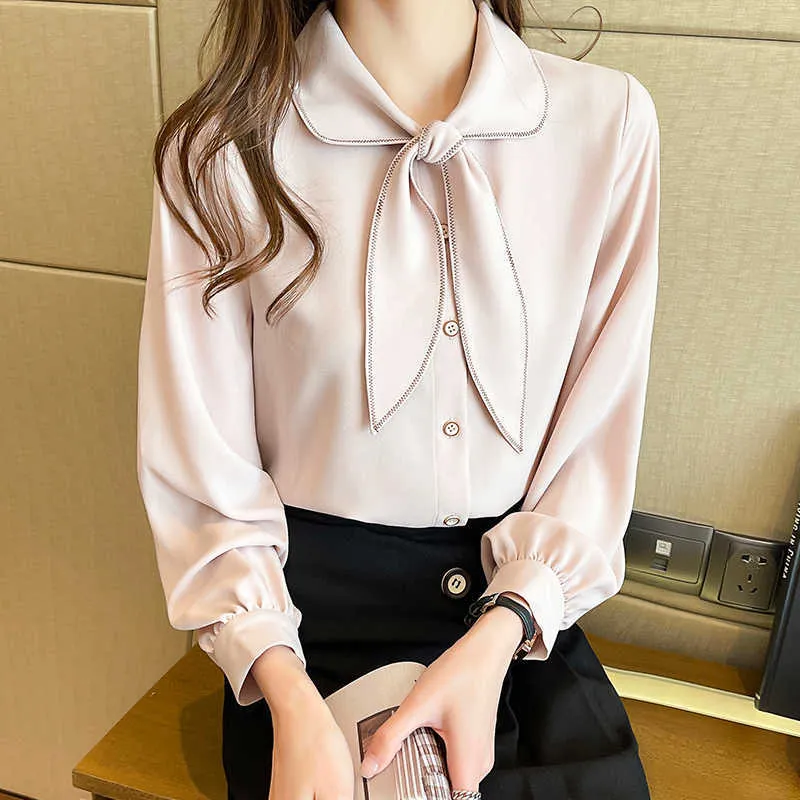Koreansk Blus Kvinnor Chiffon S-tröjor Långärmad Toppar Plus Storlek Kvinna Ribbon Bow Shirt S 210604