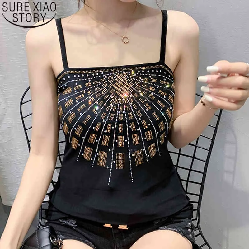 Sexy Women Camis Summer Double-Layer Black Mesh Diamonds Slim Fit Fashion Korean Plus Size Strappy Tops Clothes 9497 210417