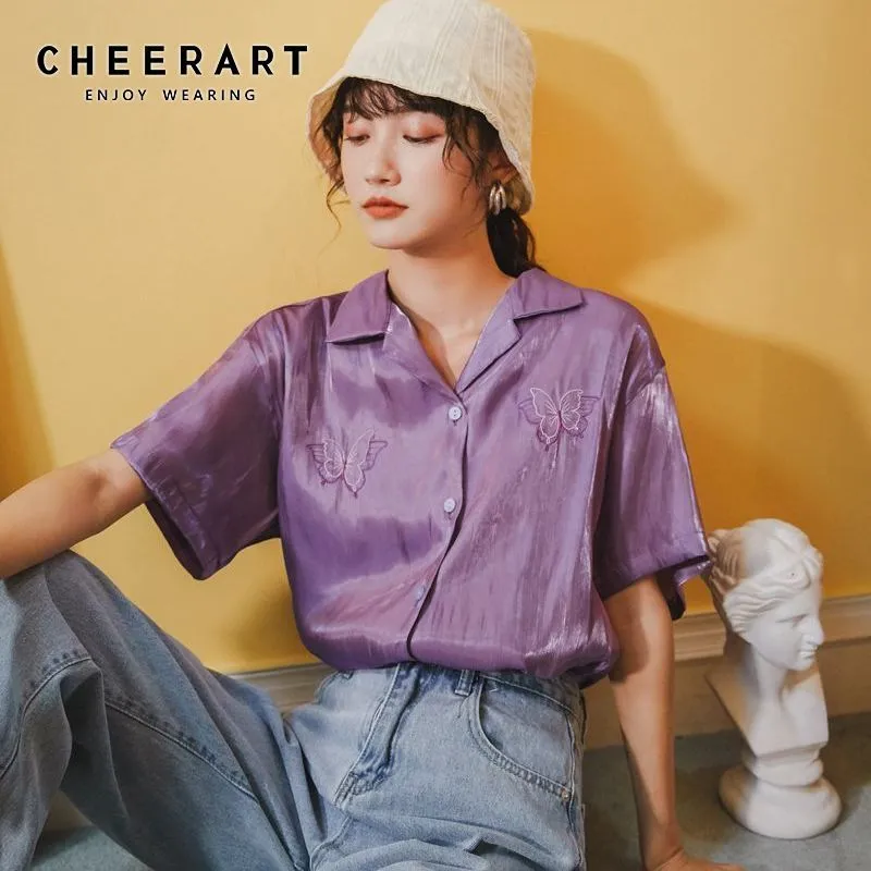 Butterfly Embroidery Blouse Summer Button Down Shirt For Women Purple White Satin Korean Glitter 210427
