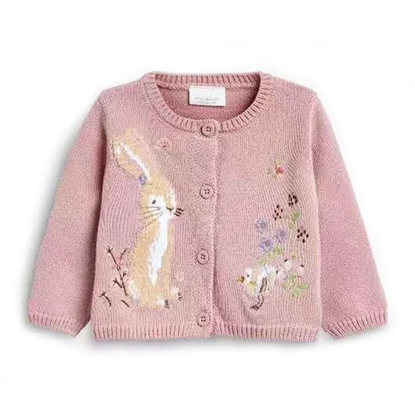 Baby Girls Cotton Knitted Cardigan Pink Color Cartoon Rabbit Embroidery Spring Autumn Sweater Kids Outerwear Top 211104