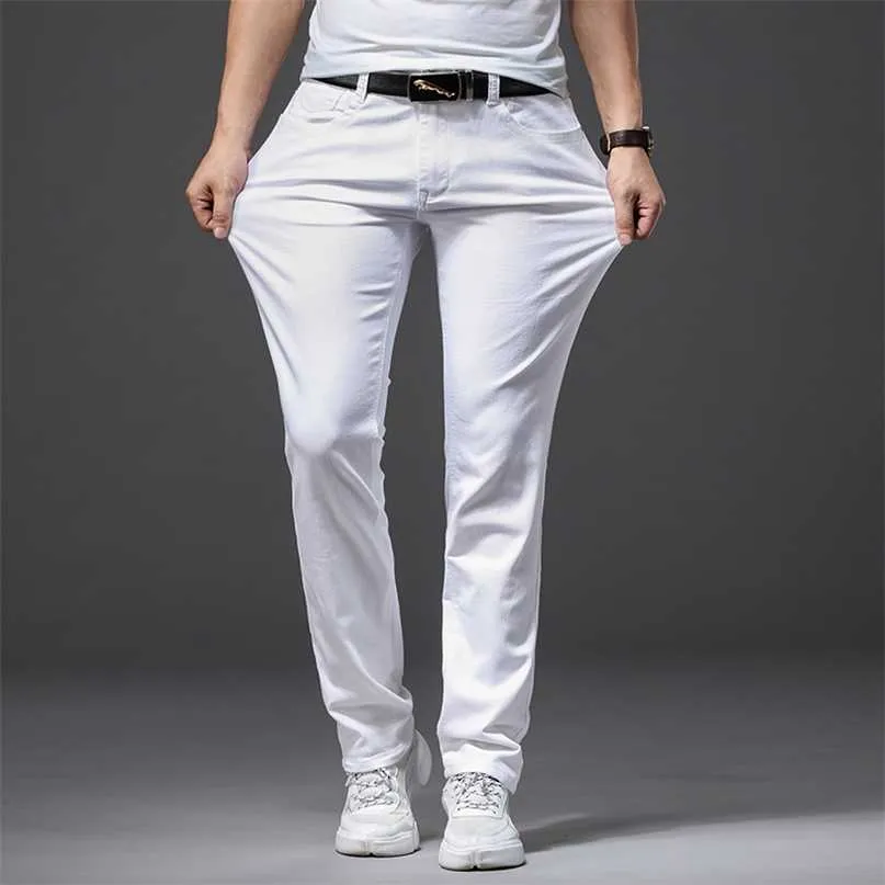 Осенние мужские растягивающиеся белые джинсы классический стиль Slim Fit мягкие брюки мужской бренд бизнес случайные штаны 211008