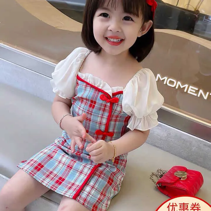 Prinsessenjurken Meisjes Robe pour filles Toddler Girl Robes 2021 Nouveau été Mignonne Mignonne Manches Costume Mignon Costume Plaid Beaux enfants Q0716