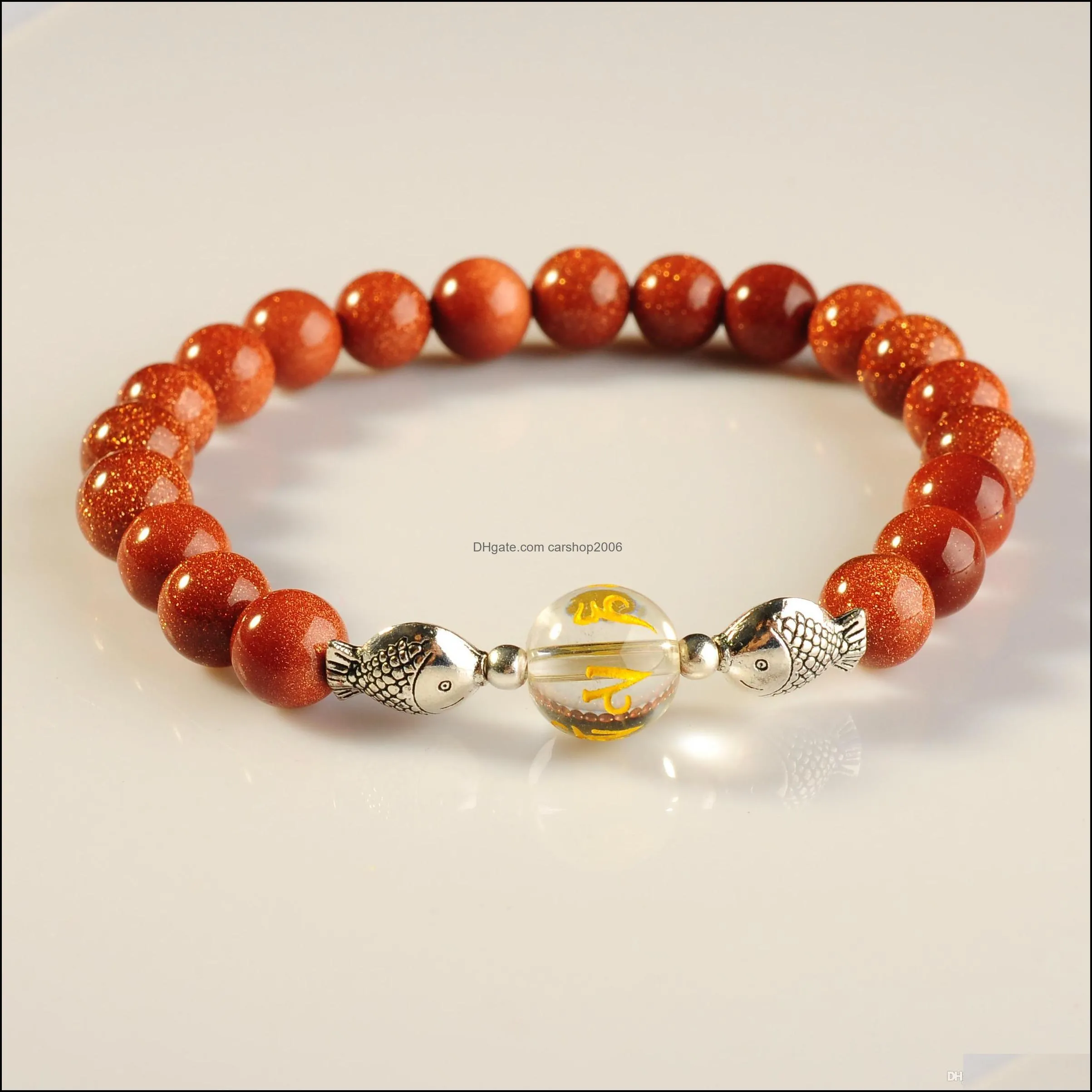 Six-word Mantra Buddhist Gemstone Bracelet Crystal Plus Alloy Fish Men and women Religious Bracelet