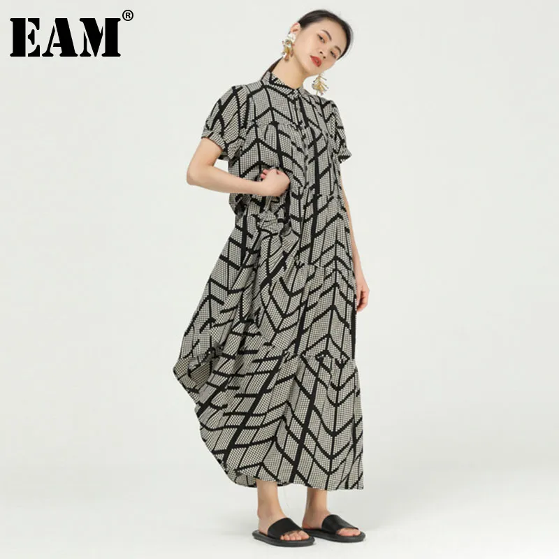 [EAM] Women Printing Geometry Dot Big Size Dress Stand Collar Short Sleeve Loose Fit Fashion Spring Summer 1DD7204 21512