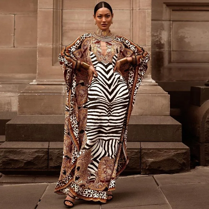 Ethnic Clothing African Dresses For Women Plus Size Zebra Printed Dashiki Elegant Ladies Gown Muslim Abaya Kaftan Bat Sleeve V-nec262M