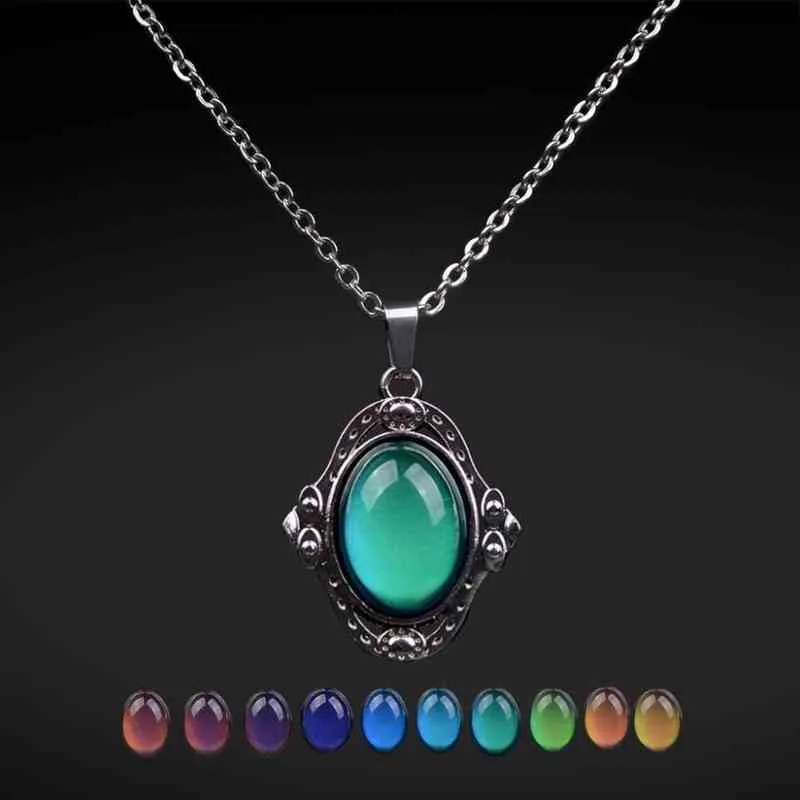 Mood Necklaces Retro Palace Elliptic Jewelry Pendant Necklace Temperature Control Color Change Necklace Stainless Steel Chain G1206