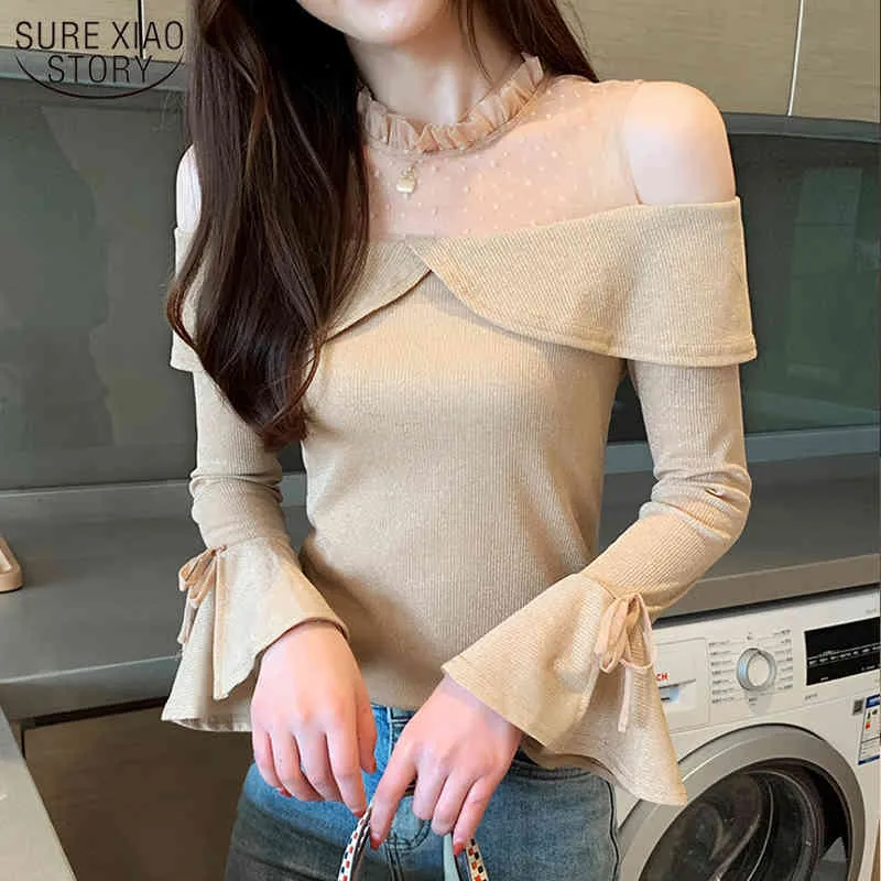 Höst Koreanskontor Stickad Flare Ärm Kvinnor Blus Mesh Off-Shoulder Shirt För Pullover Solid Blusas 10448 210508