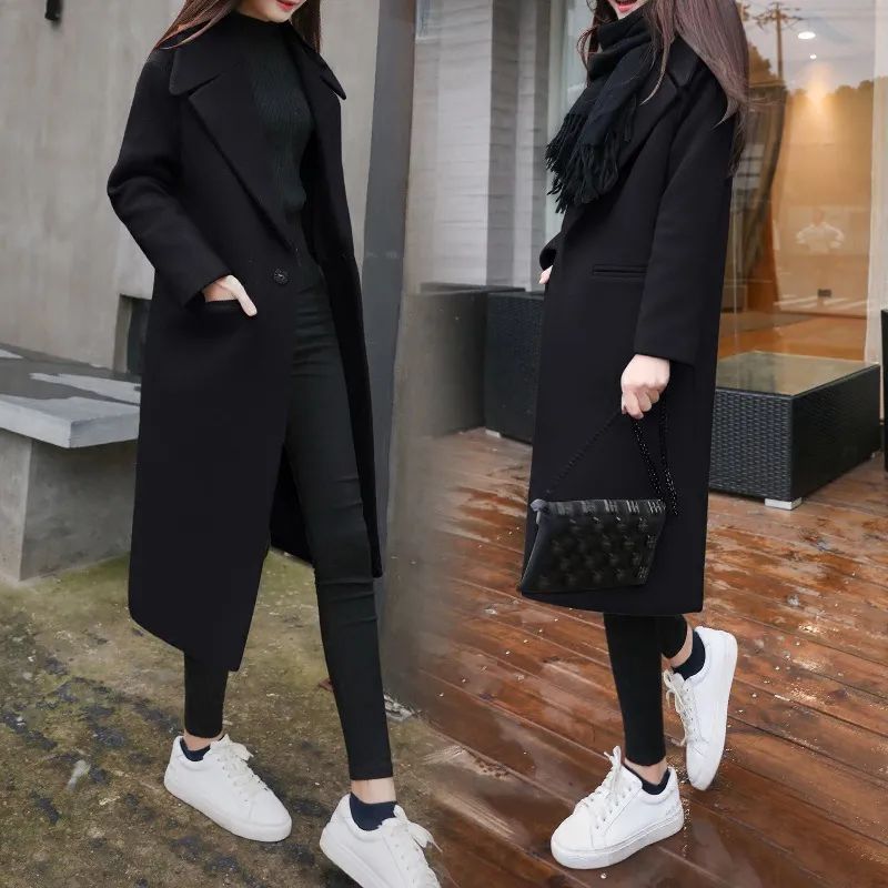 Womens Winter Black Long Wol Coat Bovenkleding Dames Trench Koreaanse Mode Vrouwelijke Losse Warme Kleding Windjack Caramel