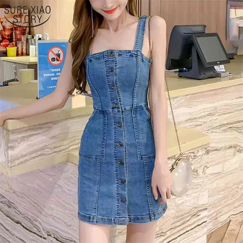 Denim Dress Spaghetti Strap Sundress Vintage Casual Solid Retro Chic Sexy Jeans Pulsante Front Blue Party Women 13349 210508