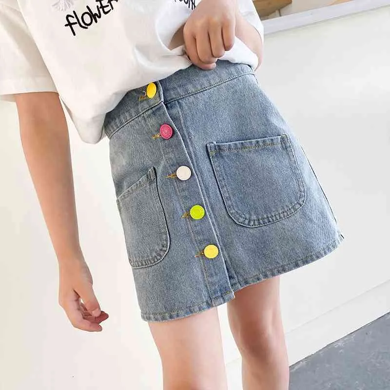 Mode Filles Vêtements Enfants Jupes pour Filles Bouton Coloré Enfants Uniforme Scolaire Pettiskirt Filles Jean Jupe 8 10 12 ans 210331