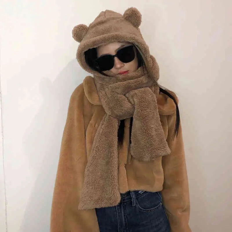 Desinger Women Winter Warm Hat Scarf Jennie Same Paragraph Faux Fur Cute Bear Ear Head Chocolate Girl Plush Hooded Lovely Shawl