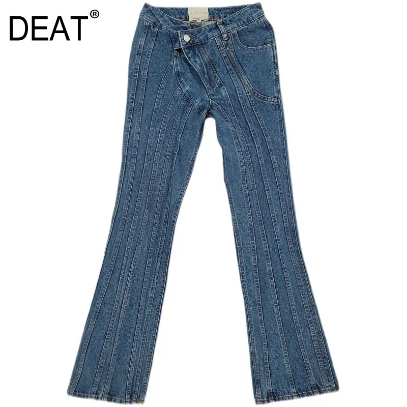 Sommar kvinnor kläder midja full längd ljus blå denim byxor randiga flare bottnar smal tunna jeans mode wp92305l 210421
