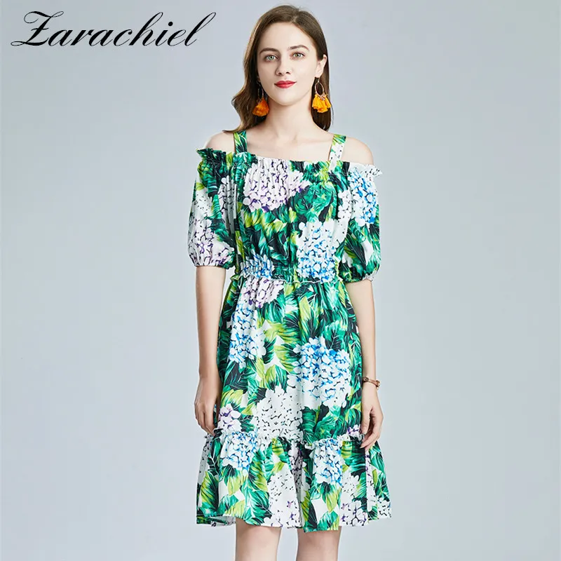 Runway Hydrangea Floral Summer Women's Cold Cut Out Shoulder Green Leaves Flower Print Girl Sundress Party Dress 210416