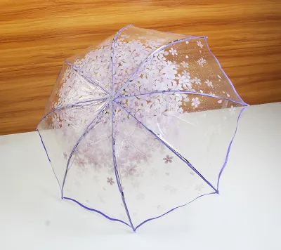 Parapluie Pliant Transparent Motif Fleurs De Cerisier | Poignée Alliage | Ouverture Manuelle | 93 Cm