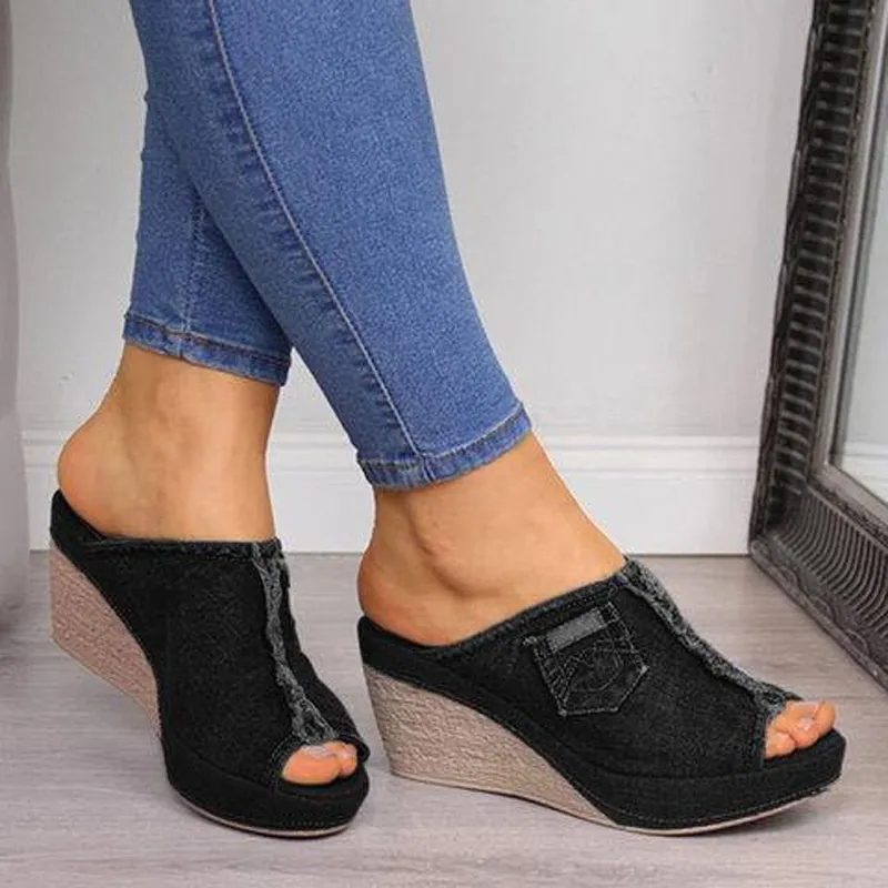Denim wedge heel shoes on sale