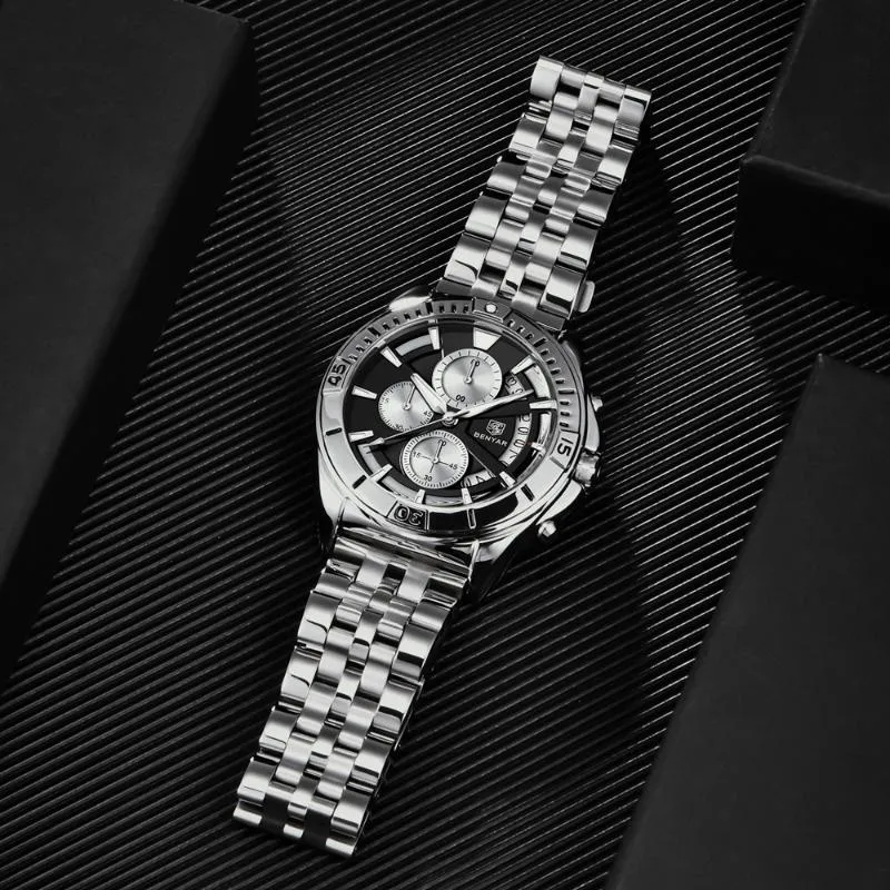 Montre-bracelets Benyar Brand Design en acier inoxydable Lumineux Montres Business Quartz Chronographe pour hommes de Luxury Sport Horlo