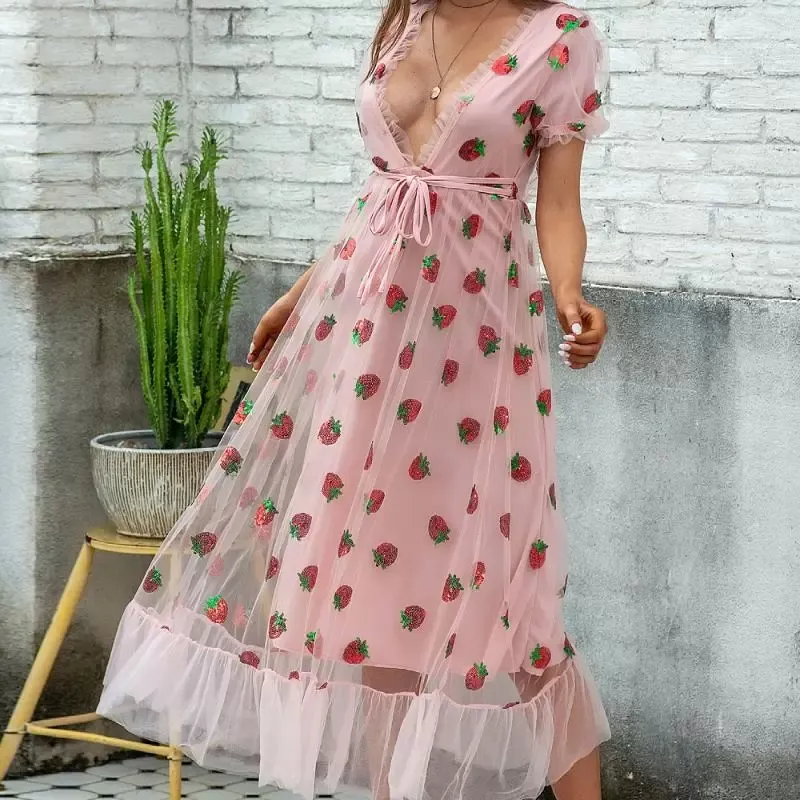 embroidered strawberry dress Clarissa Dress in Strawberry 2X main image 1
